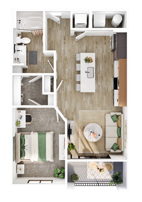 A top-down view of a modern apartment with a kitchen, living room, and bathroom.